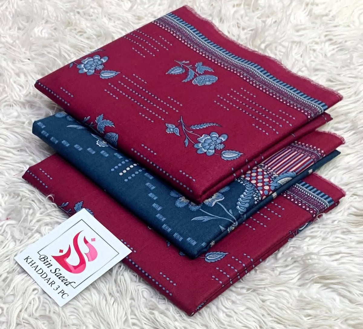 Elegant Maroon & Navy Blue Floral Printed 3-Piece Unstitched Suit