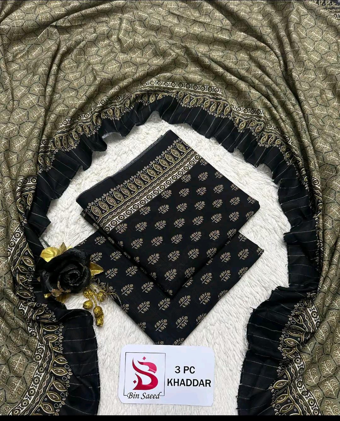 Bin Saeed Khaddar 3-Piece Printed Suit – Black & Olive Elegance