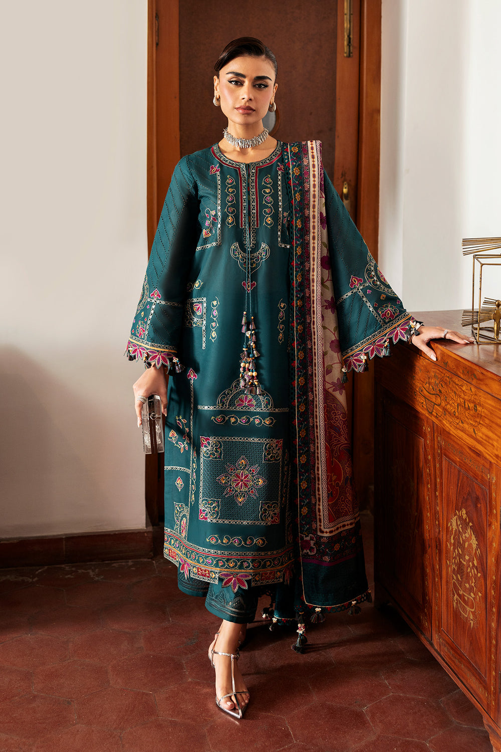 Luxury Teal Embroidered 3-Piece Printed Suit with Shawl