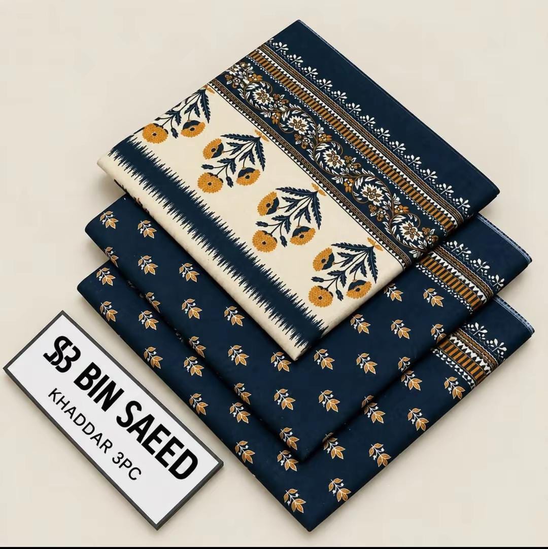 Bin Saeed Khaddar 3-Piece Suit – Elegant Navy Blue Floral Print
