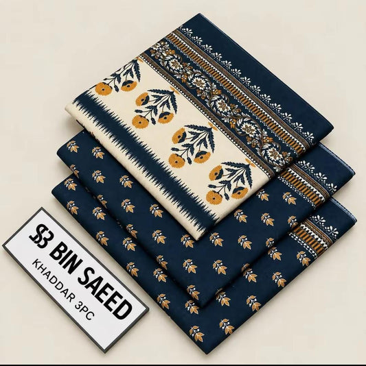 Bin Saeed Khaddar 3-Piece Suit – Elegant Navy Blue Floral Print
