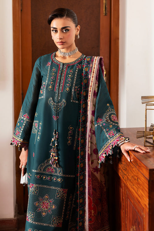 Luxury Teal Embroidered 3-Piece Printed Suit with Shawl