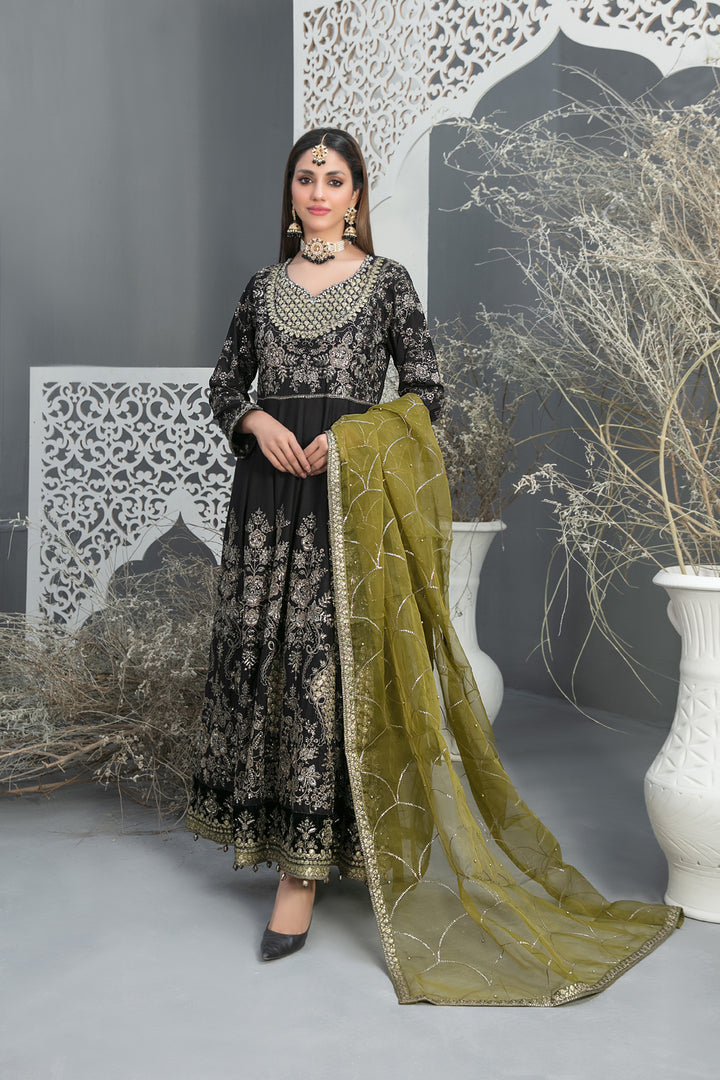 Tawakkal Fabrics Serai D-9657 Embroidered Fancy Dupatta Suit – Black & Olive Green | Premium 3-Piece Formal Wear