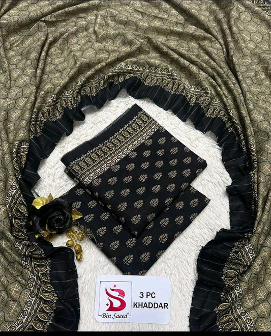 Bin Saeed Khaddar 3-Piece Printed Suit – Black & Olive Elegance