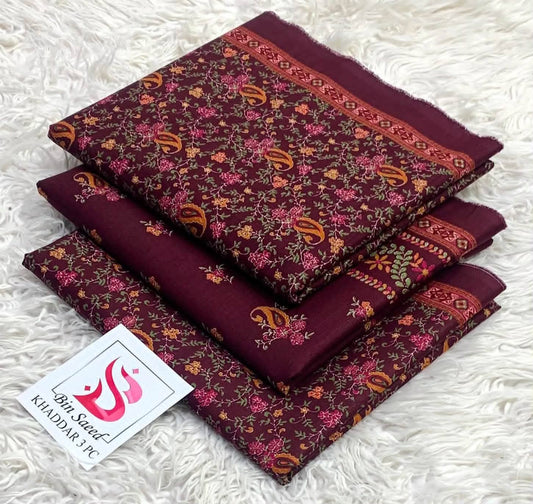 Elegant Maroon Floral Printed 3-Piece Unstitched Suit