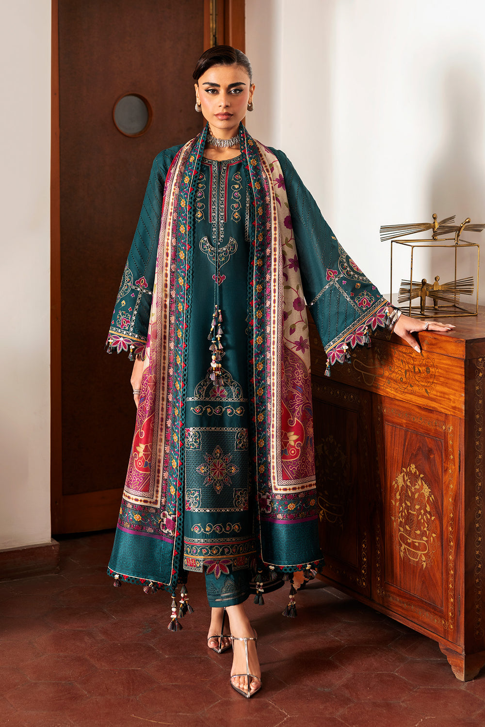 Luxury Teal Embroidered 3-Piece Printed Suit with Shawl