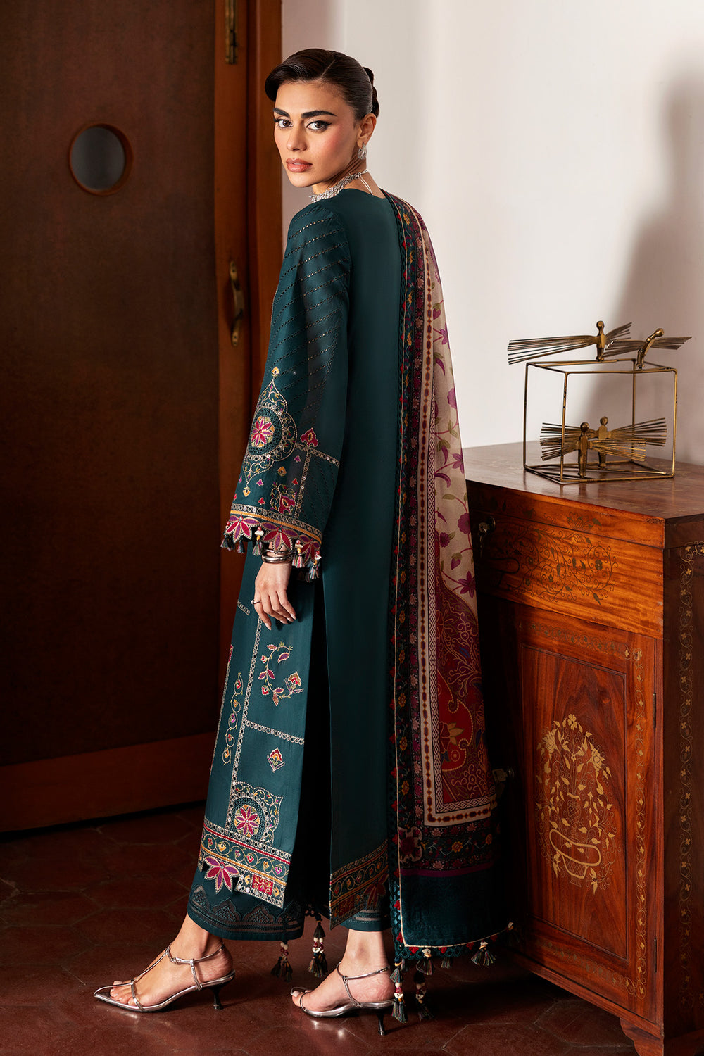 Luxury Teal Embroidered 3-Piece Printed Suit with Shawl