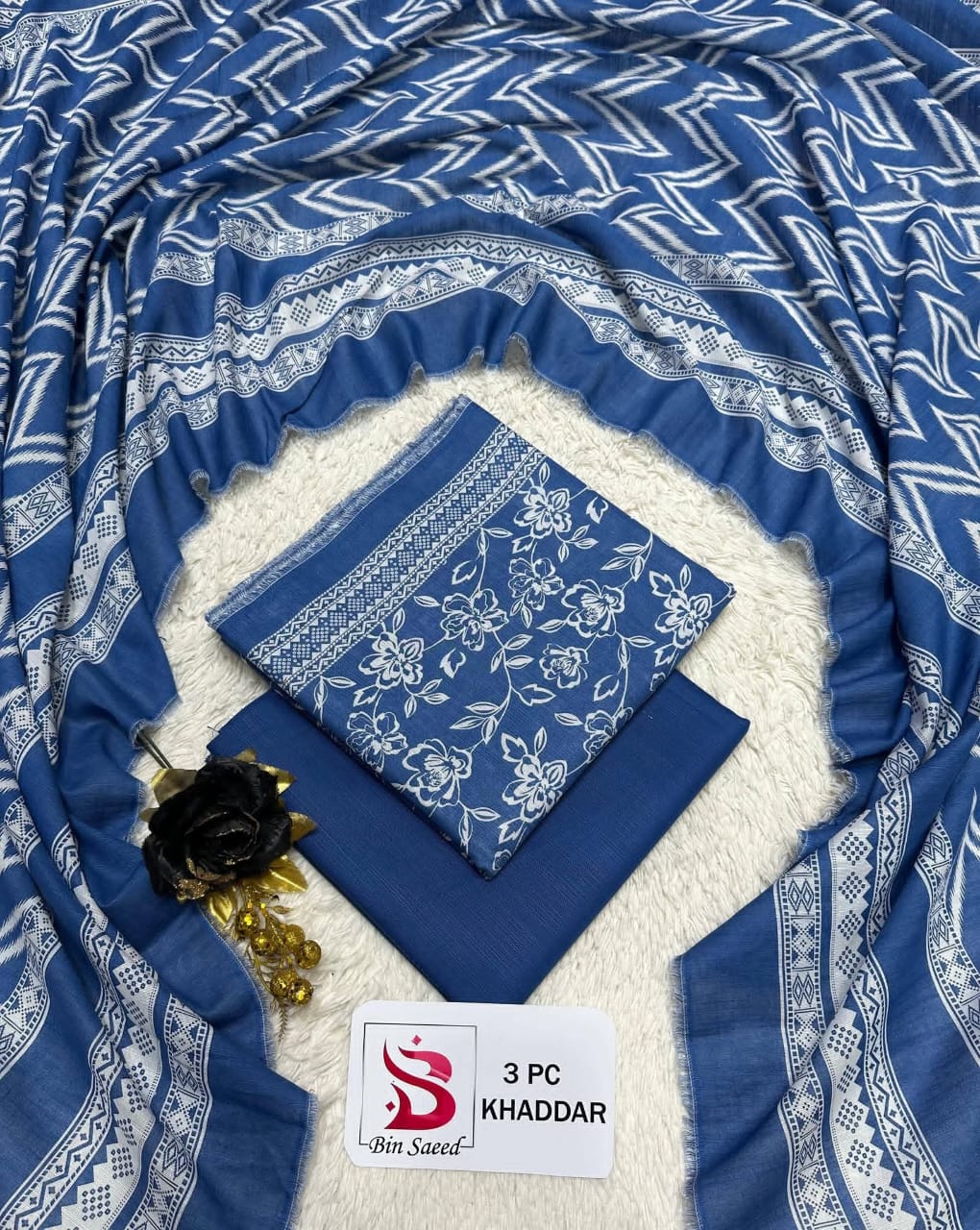 Elegant Royal Blue 3-Piece Printed Khaddar Suit