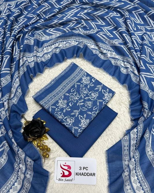 Elegant Royal Blue 3-Piece Printed Khaddar Suit