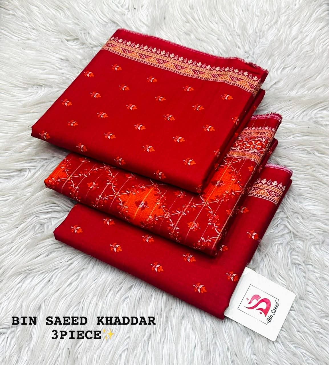 Elegant Red & Orange 3-Piece Printed Khaddar Suit