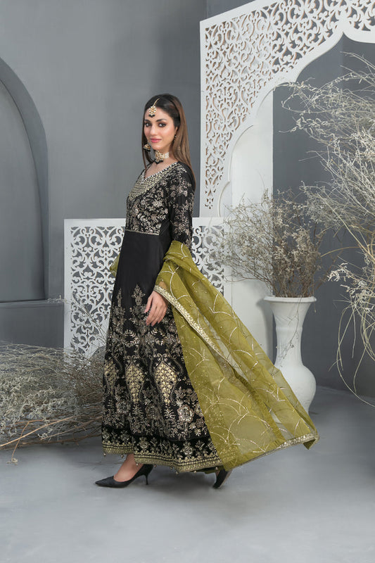 Tawakkal Fabrics Serai D-9657 Embroidered Fancy Dupatta Suit – Black & Olive Green | Premium 3-Piece Formal Wear