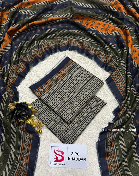 Elegant Navy Blue & Olive Green 3-Piece Printed Khaddar Suit