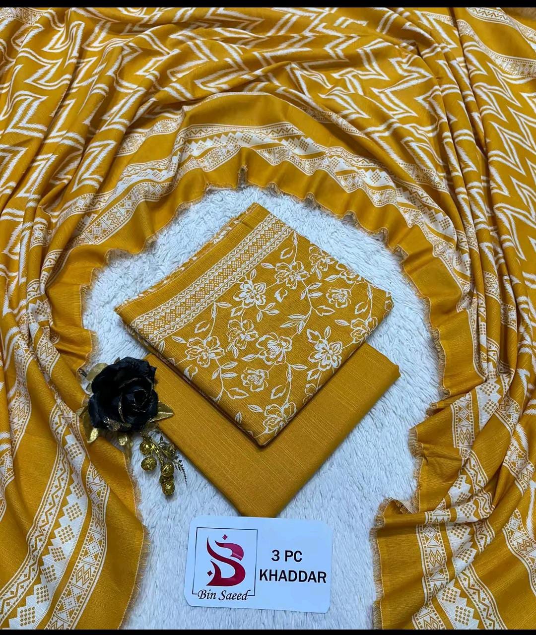 Elegant Mustard Yellow 3-Piece Printed Khaddar Suit