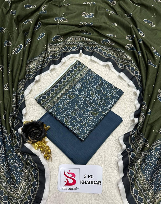 Elegant Olive Green & Navy Blue 3-Piece Printed Khaddar Suit